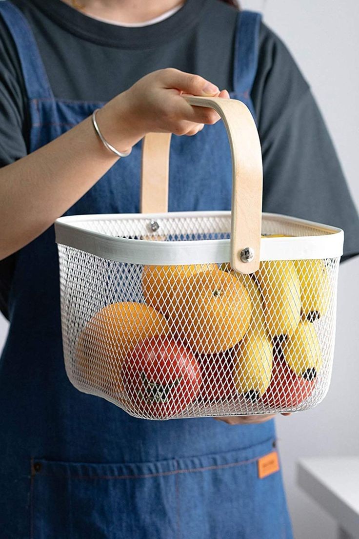 ElegancePro Multi-Compartment Wooden Handle Steel Mesh Basket