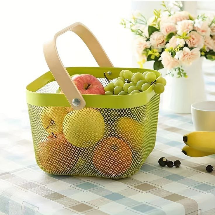 ElegancePro Multi-Compartment Wooden Handle Steel Mesh Basket