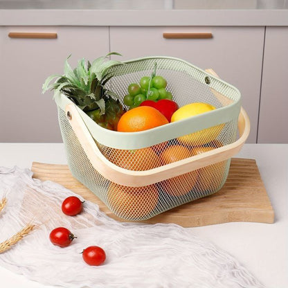 ElegancePro Multi-Compartment Wooden Handle Steel Mesh Basket