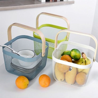 ElegancePro Multi-Compartment Wooden Handle Steel Mesh Basket